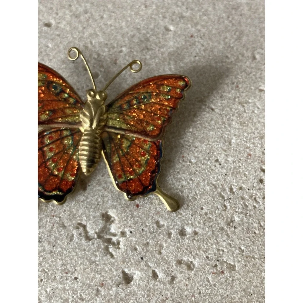 Whimsical Orange Enamel Butterfly‎ Brooch Gold Tone Glitter Pin Fairy Novelty
